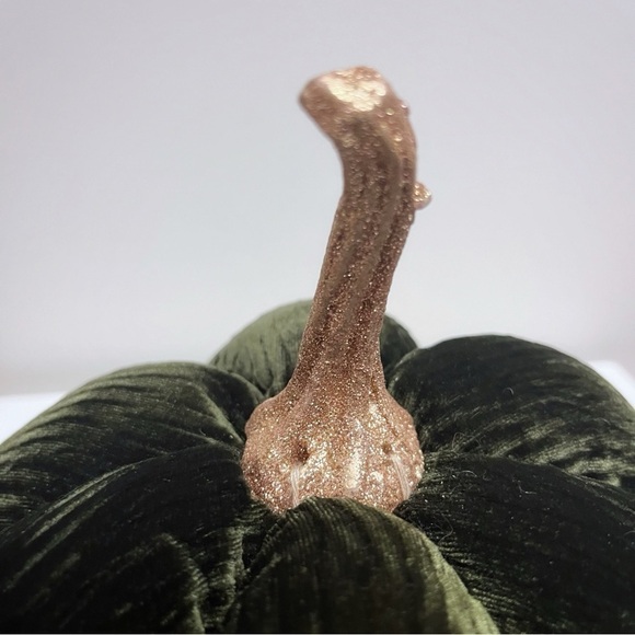 Emerald Green Ribbed Velvet Gold Sparkly Stem Pumpkin Plush Fall Home Decor - Picture 7 of 11